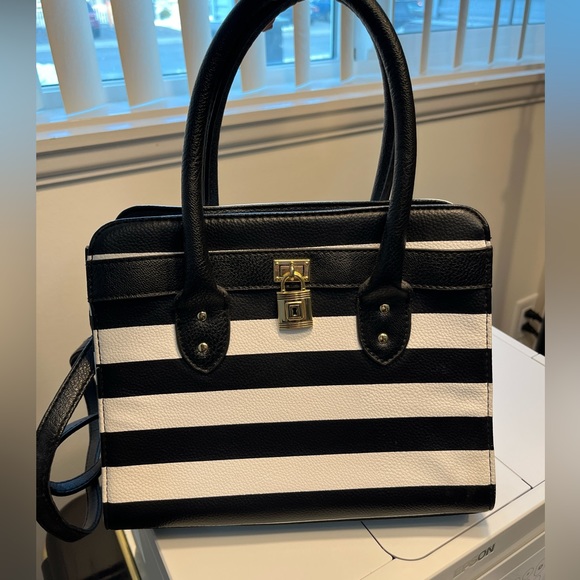 Black and White Striped Top Handle Purse - Picture 1 of 10